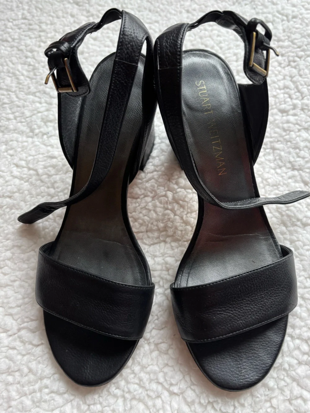 Stuart Weitzman Designer Black Ankle-Strap Block Heel Leather Sandals size 7.5M - Picture 3 of 5